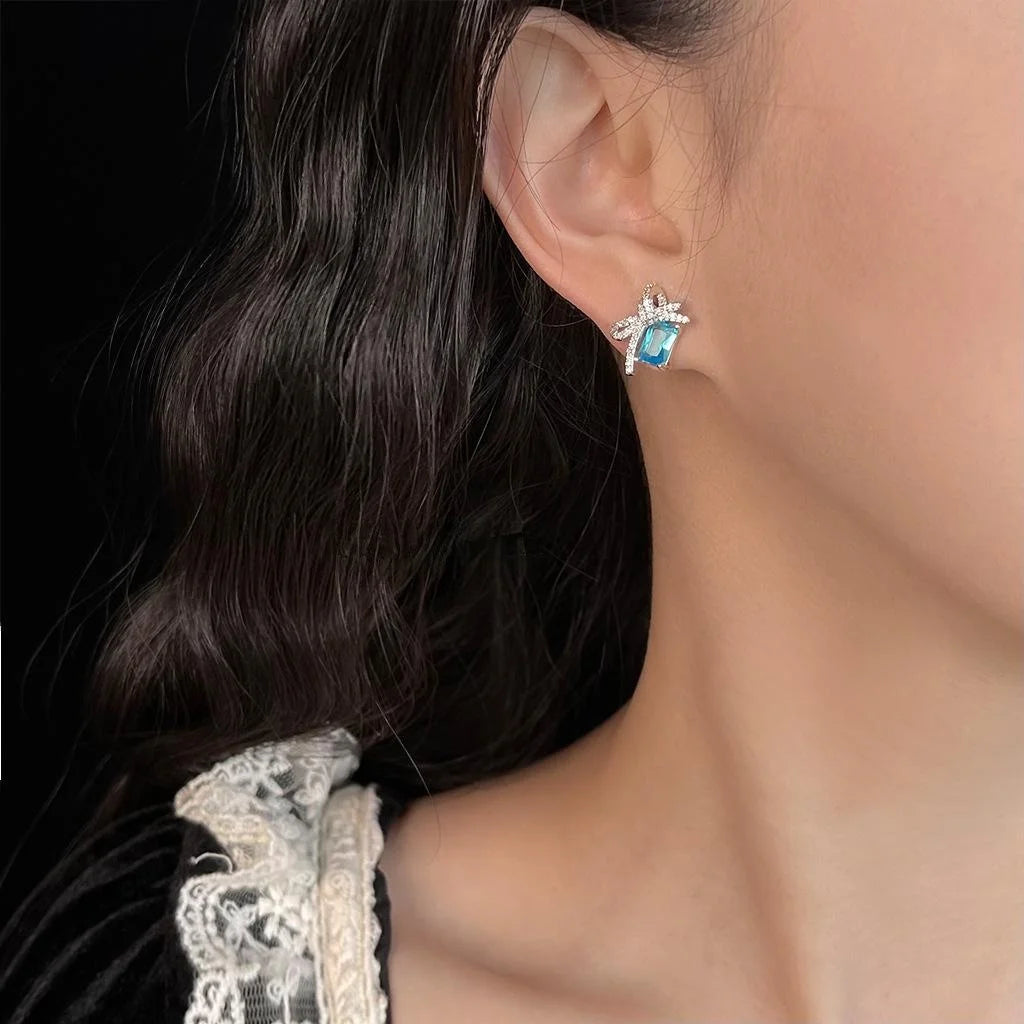 Silver Plated Copper Aquamarine Zircon Bow Stud Earrings Sweet Beach Vacation Style