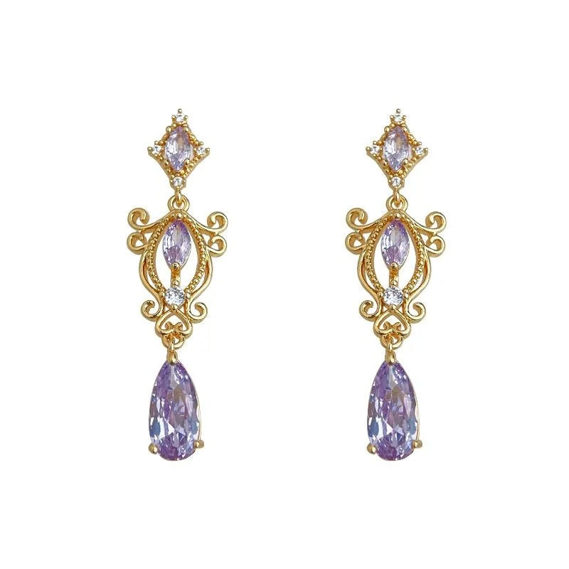 Light Luxury Purple Zircon Teardrop Geometric Copper Drop Earrings