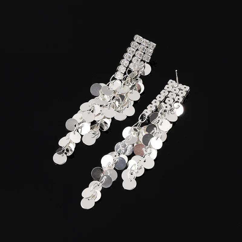 Elegant Luxury Silver Alloy Rhinestone Sequin Long Tassel Stud & Clip On No Piercing Dangle Earrings