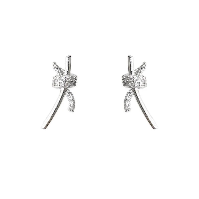 Niche Designer Copper Zircon Bow Knot Stud Earrings, Minimalist Geometric Ribbon Style