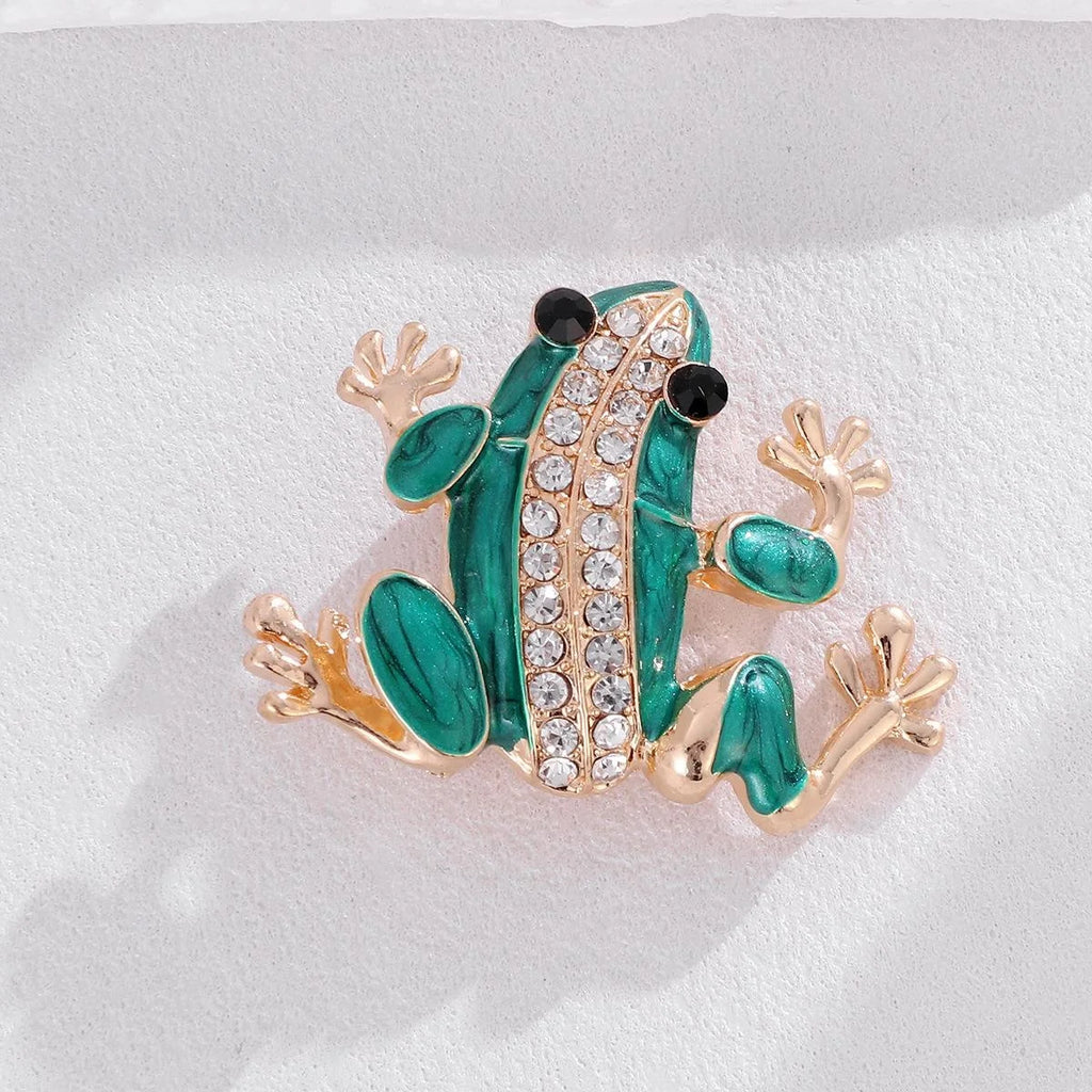 Cute Green Enamel Frog Brooch With Rhinestones, Gold Tone Alloy Lapel Pin Corsage Suit Accessory Gift