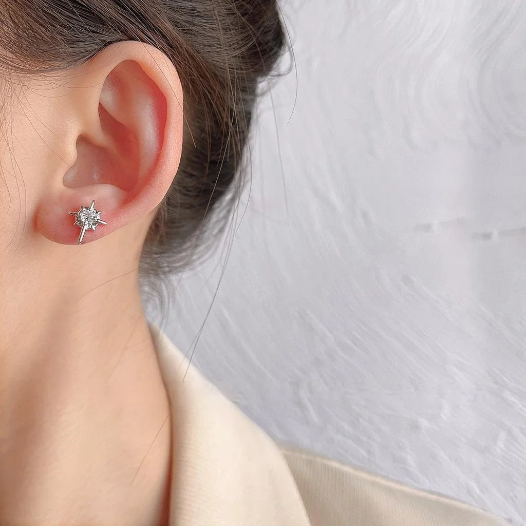 Minimalist Six Point Star Stud Earrings Micro Pave Zircon Copper Korean Style Black White Jewelry