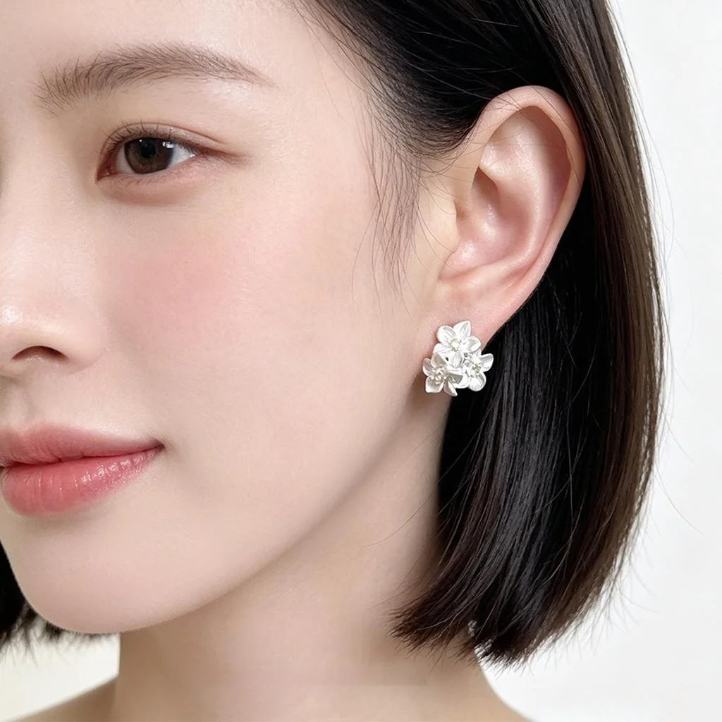 Matte White Jasmine Flower Copper Zircon Stud Earrings Fresh Sweet Minimalist Daily Jewelry