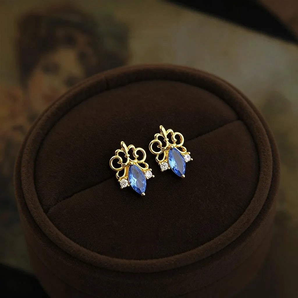 Original Design Iris Flower Zircon Inlaid Copper Stud Earrings For Women Light Luxury
