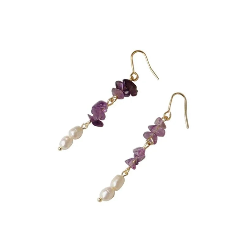 French Vintage Amethyst Chip Freshwater Pearl Tassel Drop Earrings Korean Handmade Geometric Jewelry