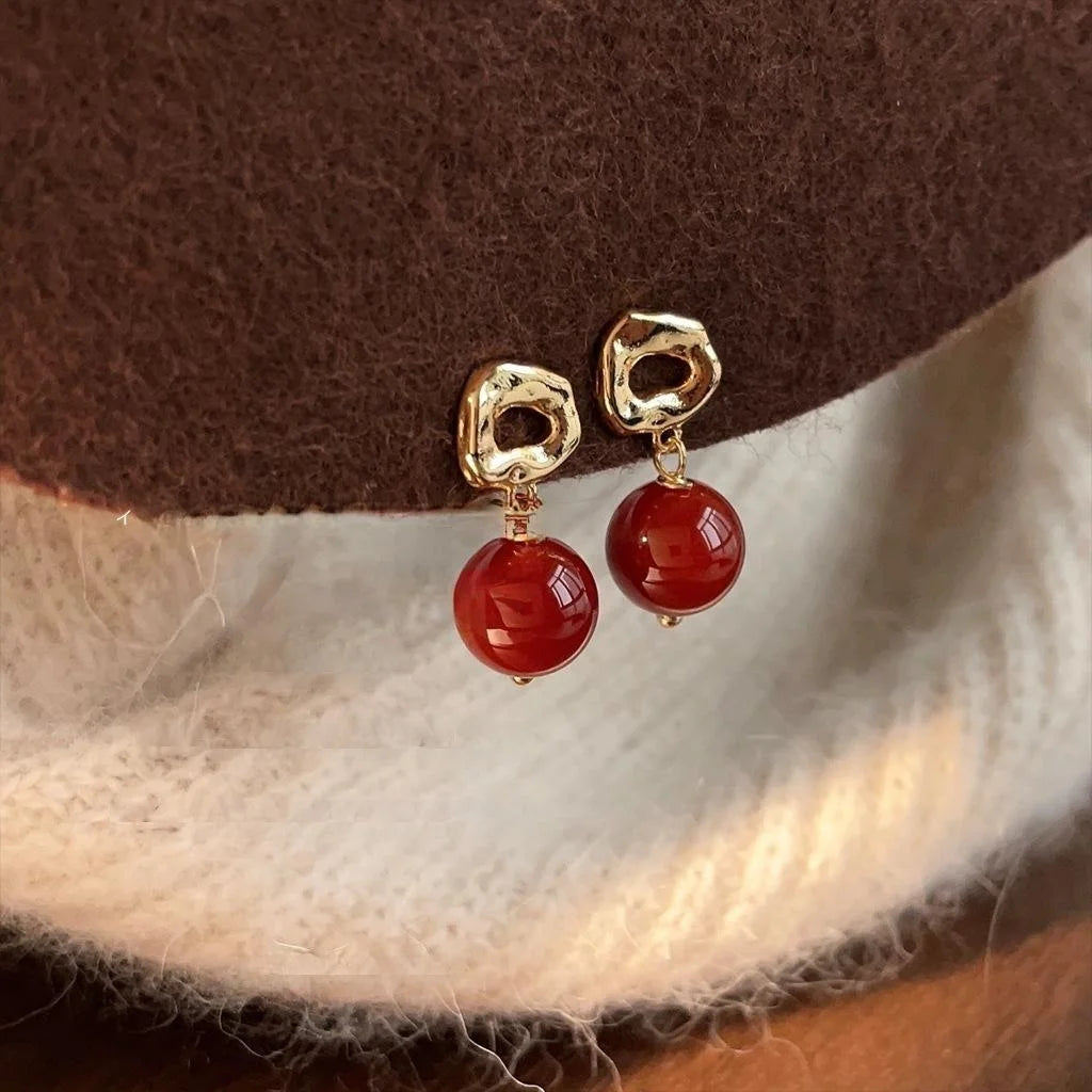 Natural Red Agate 14K Plated New Chinese Palace Style Round Geometric Drop Earrings