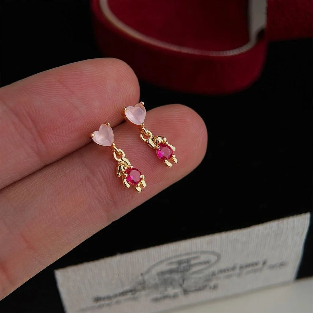Sweet Balloon Bear Heart Micro Pave Zircon Copper Drop Earrings For Women