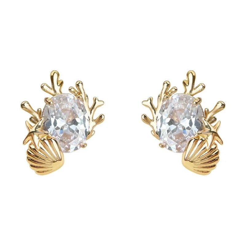 Ocean Shell Zircon Stud Earrings Silver Plated Pin Geometric Round Designer Fashion Jewelry