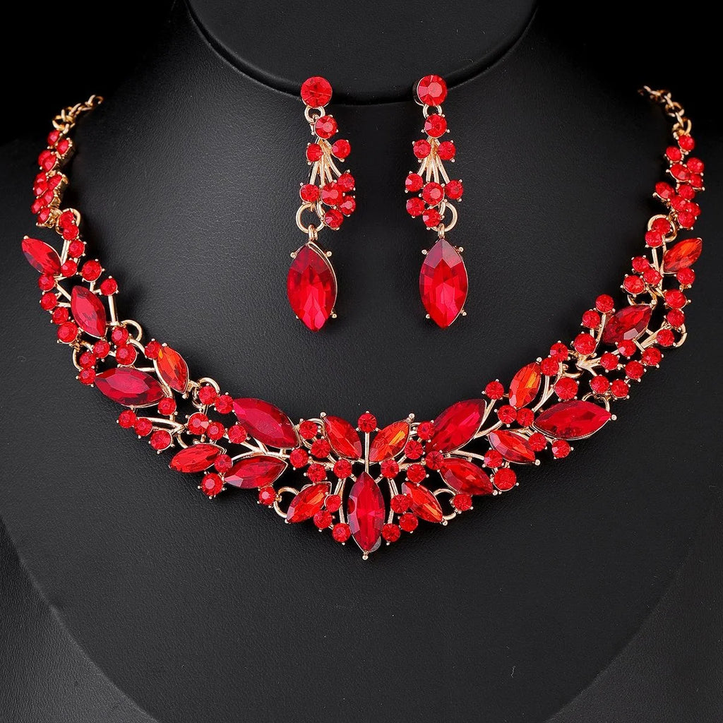 Luxury Crystal Leaf Necklace And Earrings Jewelry Set, Elegant Rhinestone Bridal Jewelry For Wedding Party