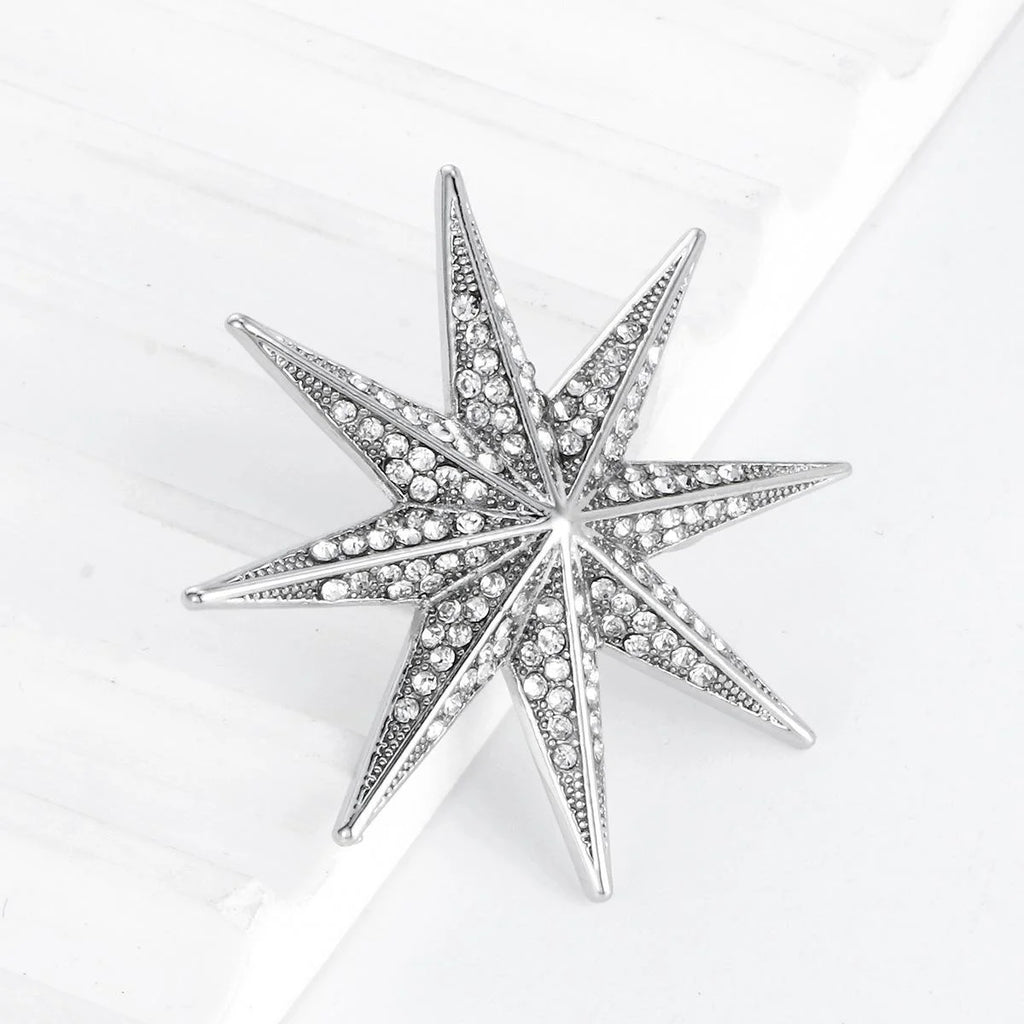 Luxury Rhinestone Eight-Point Starburst Brooch, Silver Tone Alloy Lapel Pin Corsage Suit Accessory Gift