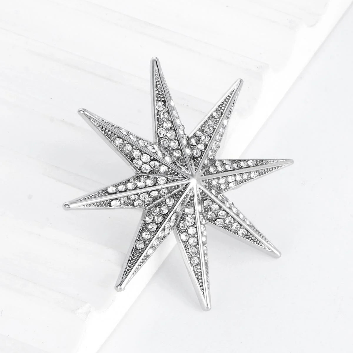 Luxury Rhinestone Eight-Point Starburst Brooch, Silver Tone Alloy Lapel Pin Corsage Suit Accessory Gift