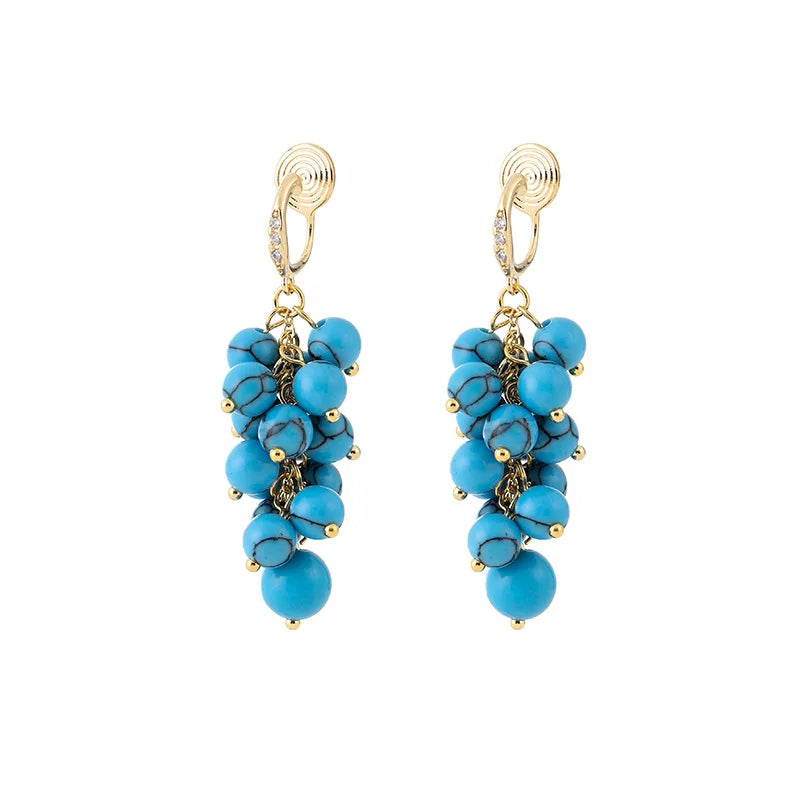 Elegant Blue Turquoise Stone Grape Cluster Dangle Stud & Clip On No Piercing Alloy Rhinestone Earrings