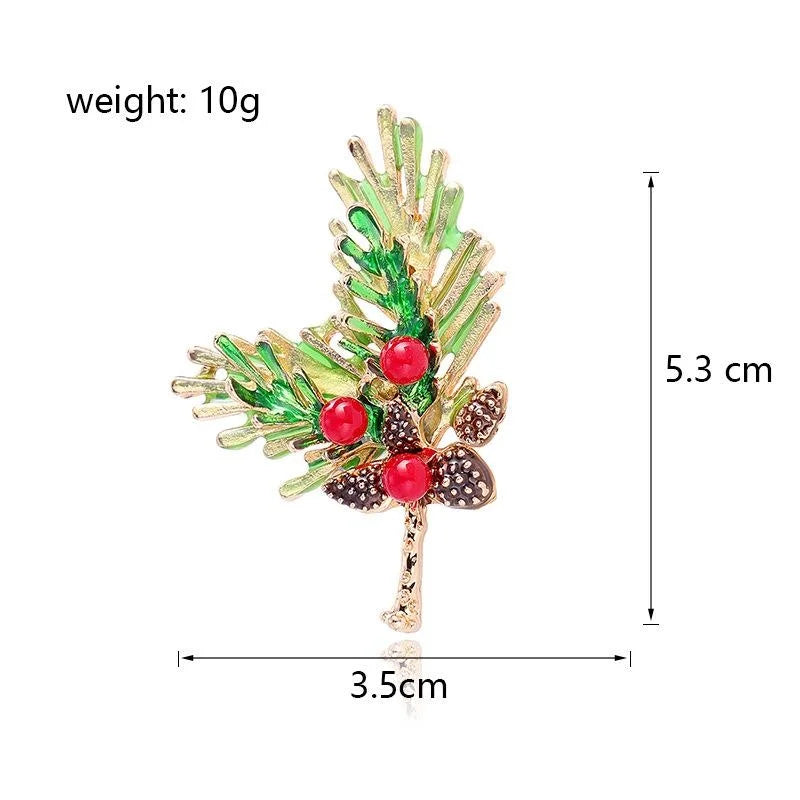 Elegant Enamel Pine Needle Leaf And Pinecone Alloy Brooch With Red Berries, Festive Lapel Pin Gift