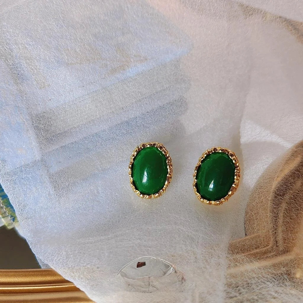 Vintage Style Copper Oval Emerald Green Statement Stud Earrings For Women