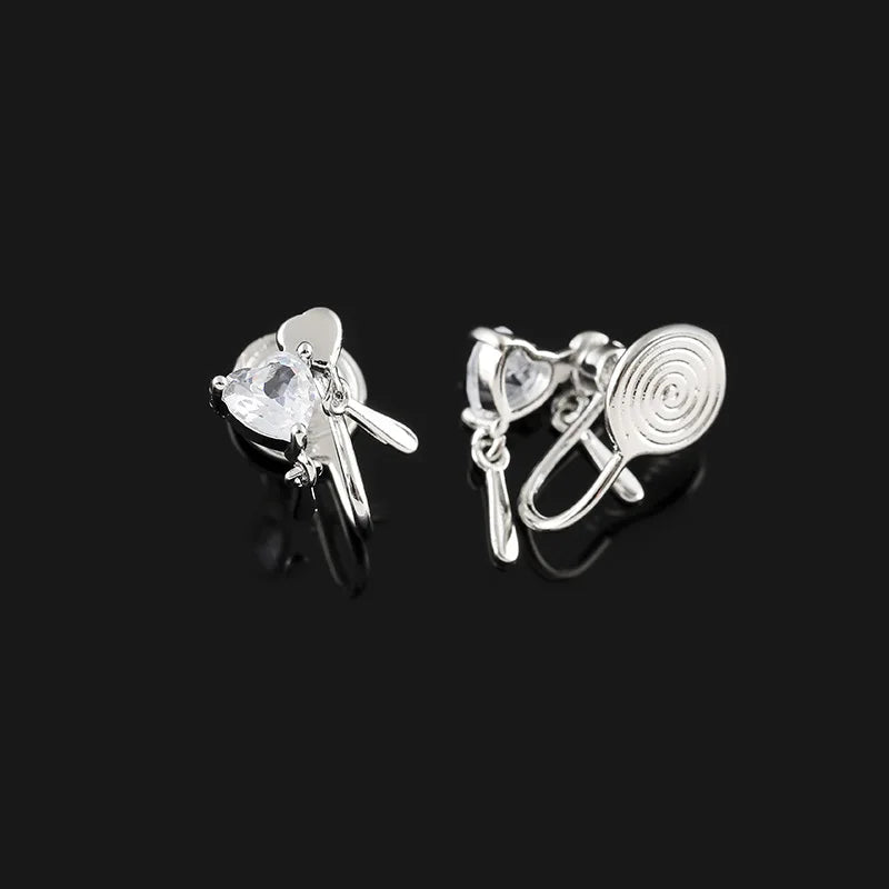 Elegant Tiny Heart Zircon Dangle Stud & Clip On No Piercing Silver Alloy Sparkle Love Earrings