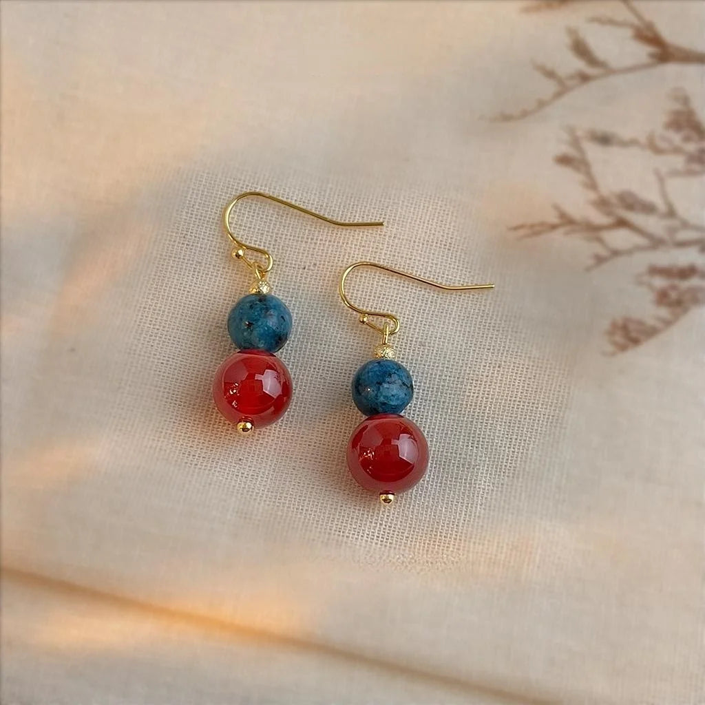 Handmade Copper Red Agate Drop Earrings Ethnic Vintage Geometric Round Dangle Jewelry