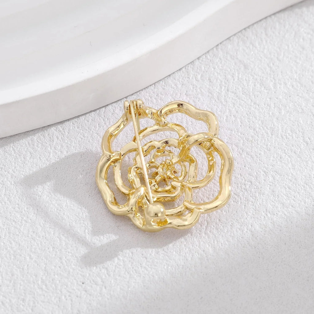 Elegant Gold Tone Rhinestone Camellia Flower Hollow Brooch, Luxury Women's Lapel Pin Corsage Suit Accessory Gift
