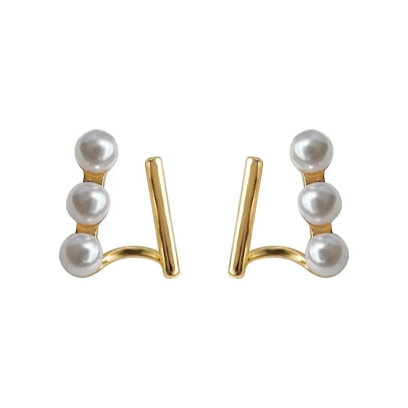 French Vintage Double Layer Pearl Stud Earrings, Copper Irregular Double Ring Geometric Jewelry
