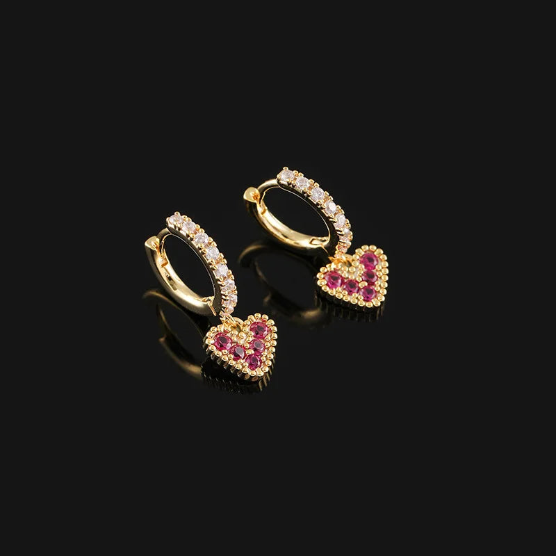 Luxury Red Rhinestone Heart Dangle Stud & Clip On No Piercing Gold Alloy Hoop Ear Cuff Earrings
