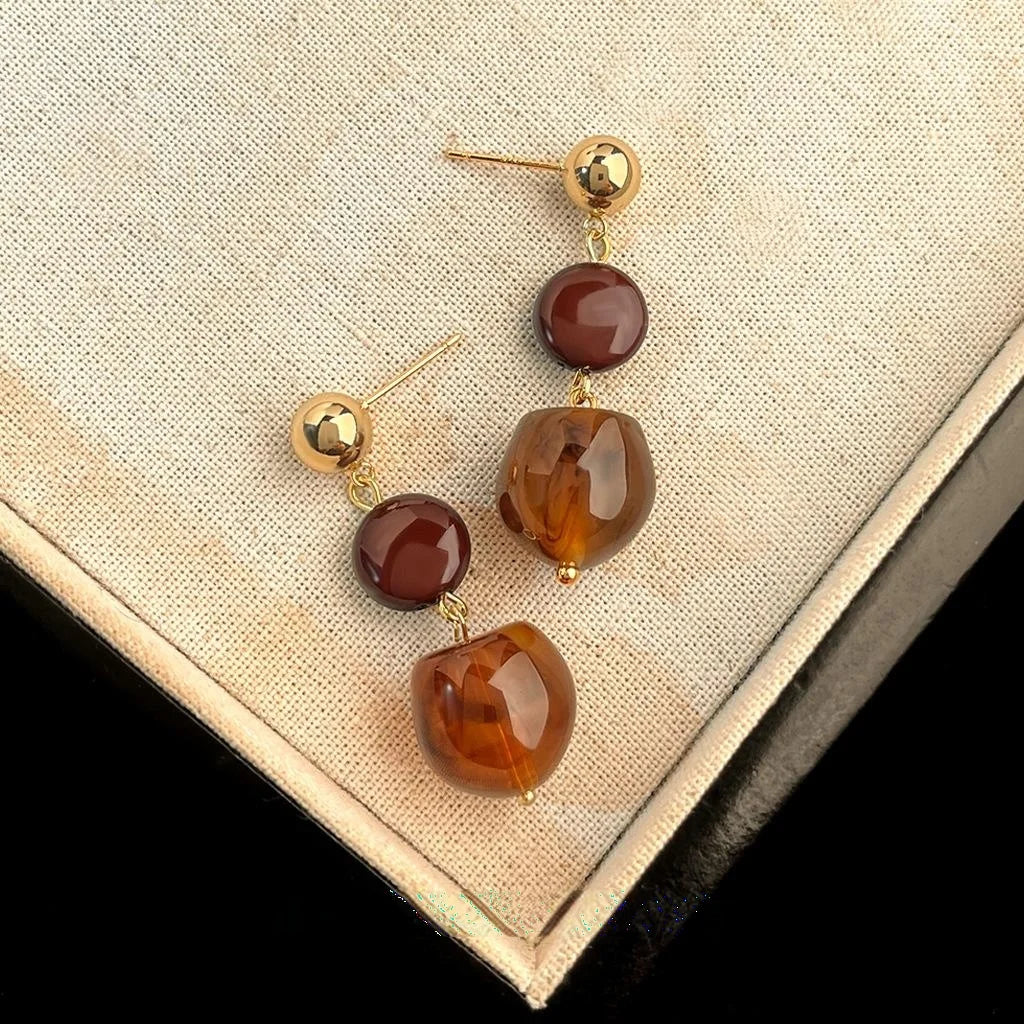 Vintage Maillard Copper Resin Irregular Geometric Tassel Drop Earrings With 14K Plated