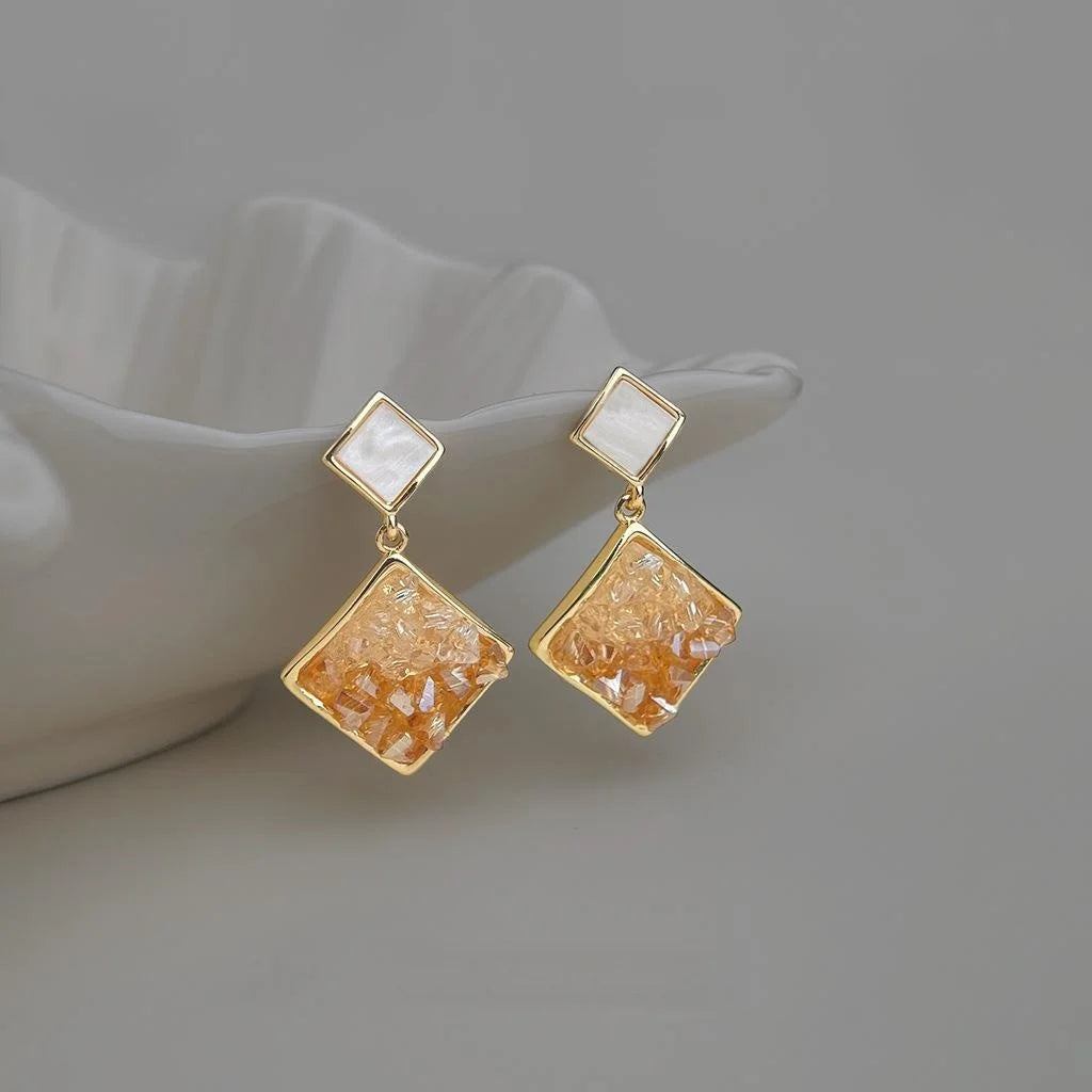 Gradient Orange Sea Glass Crystal Stud Earrings Eco-Friendly Copper Square Geometric Vacation Style