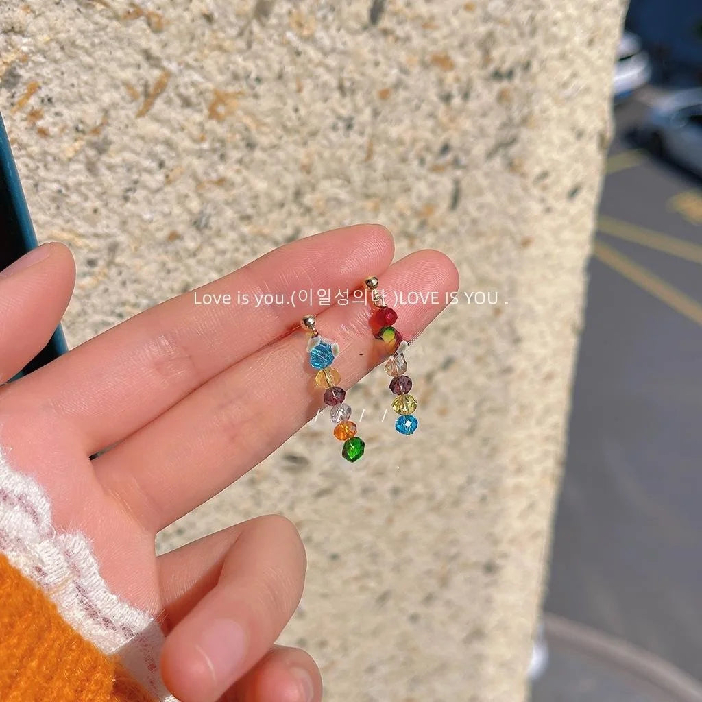 Dopamine Colorful Glass Crystal Geometric Stud Earrings Copper Silver Plated Pin Sweet Jewelry