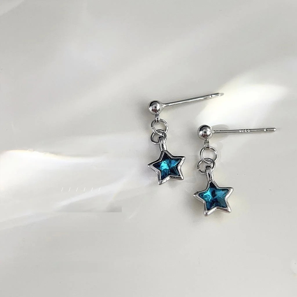 Cute Mini Blue Glass Crystal Five Point Star Copper Stud Earrings With Silver Plated Pins