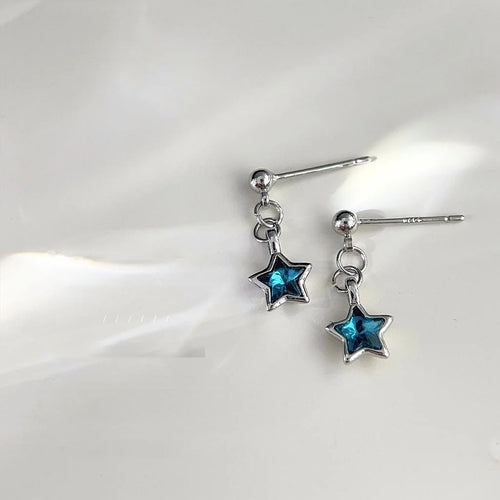 Cute Mini Blue Glass Crystal Five Point Star Copper Stud Earrings With Silver Plated Pins