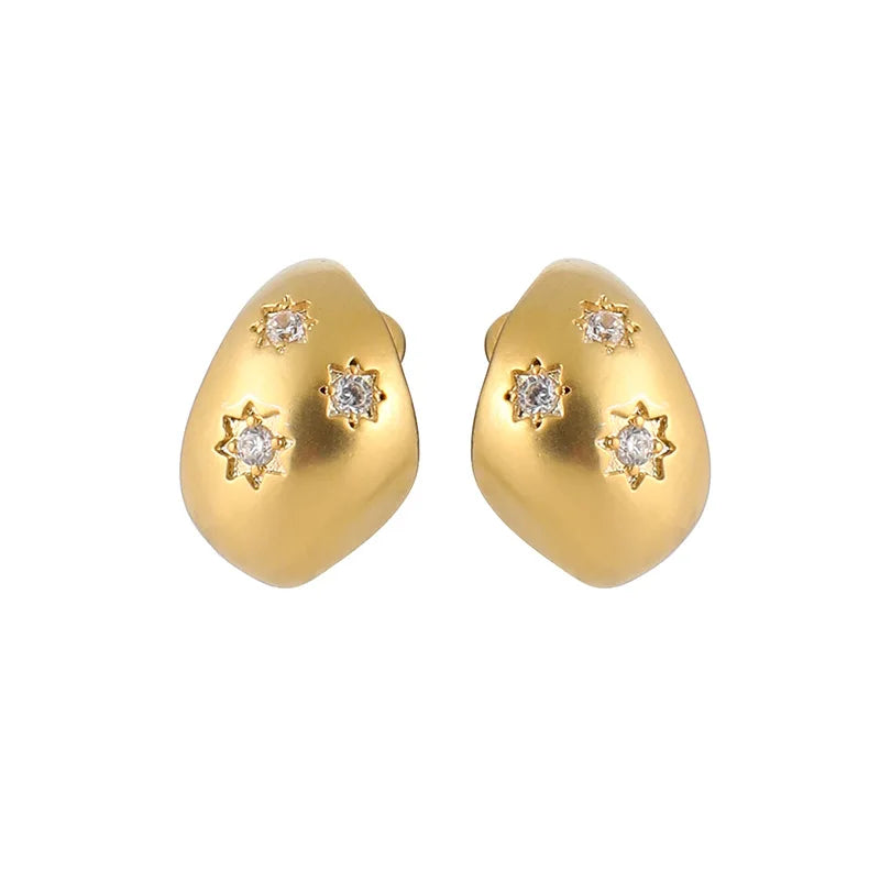 Elegant Matte Gold Alloy Waterdrop Bean Spiral Star Zircon Stud & Clip On No Piercing Earrings