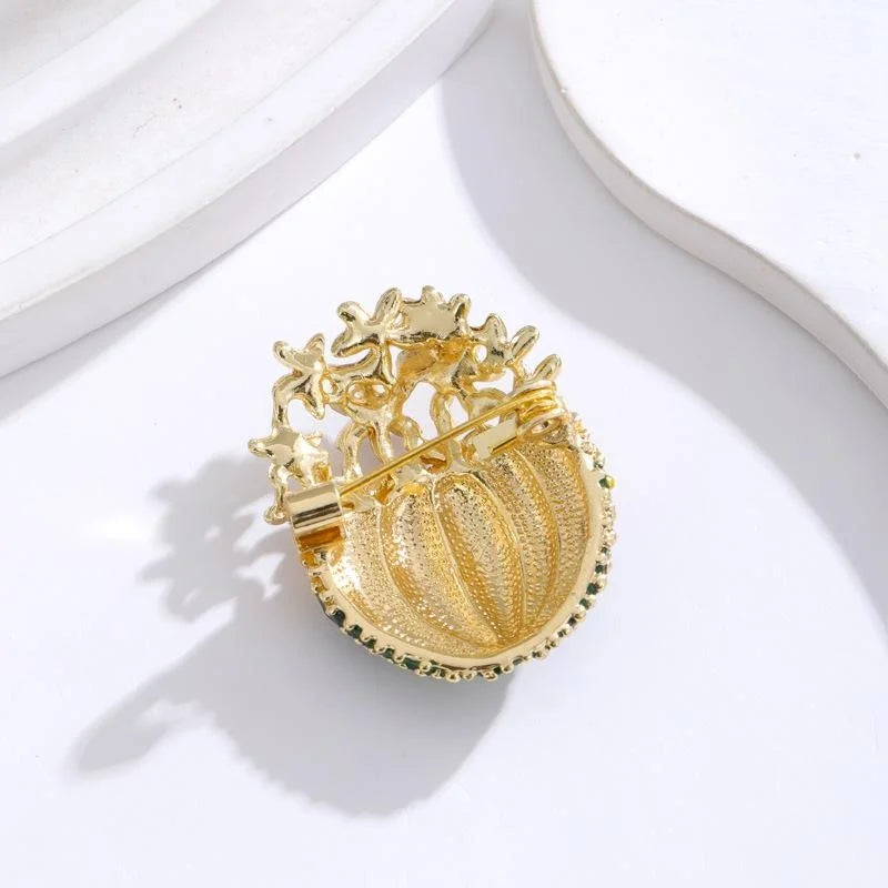 Cute Enamel Cactus Flower Brooch With Rhinestones, Gold Tone Alloy Plant Lapel Pin Corsage Gift