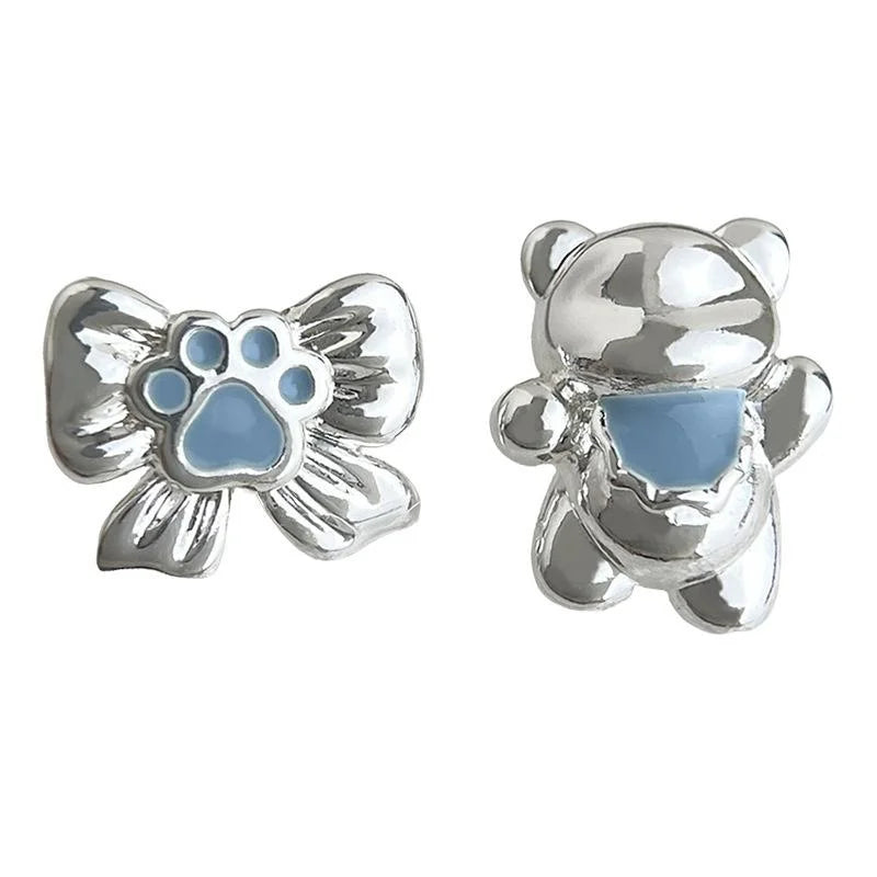 Cute Asymmetric Bear Bow Copper Enamel Stud Earrings