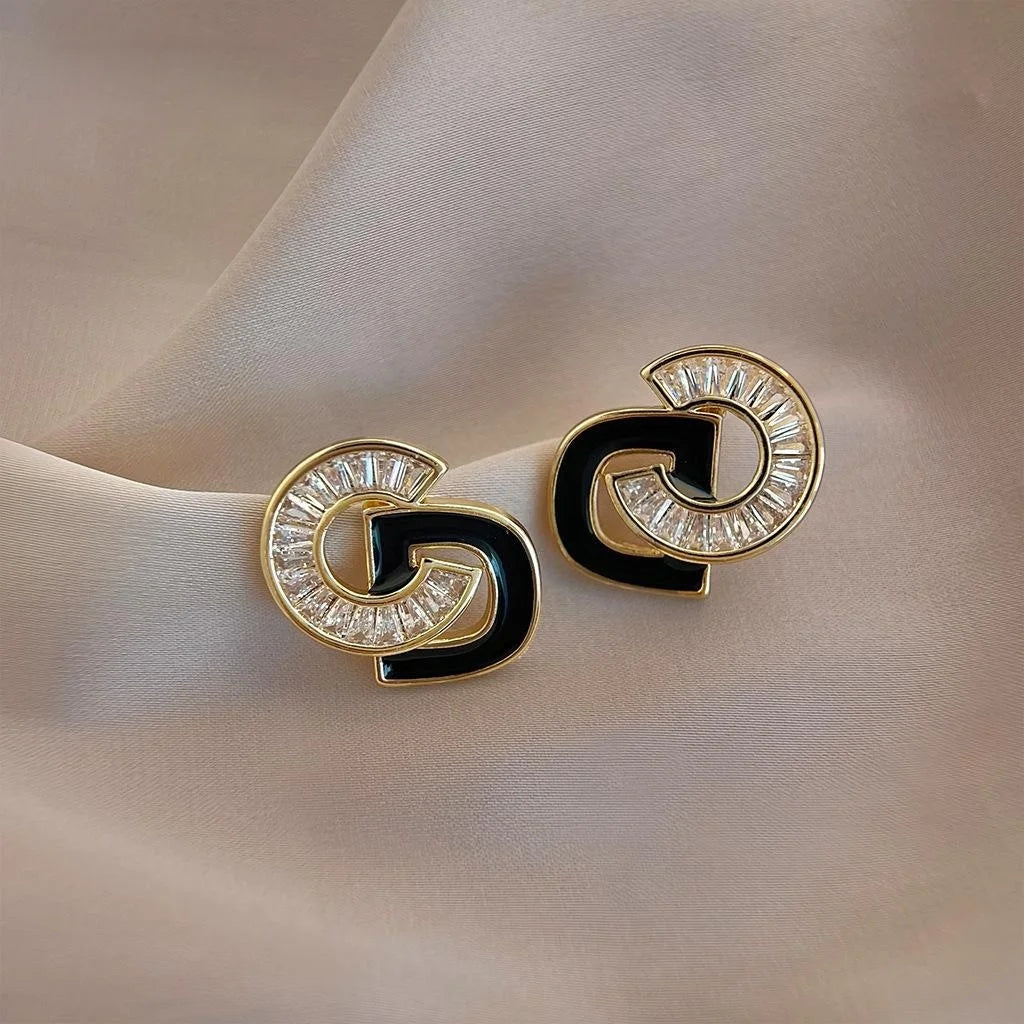 Light Luxury Copper Enamel English Letter Zircon Stud Earrings Vintage French Style