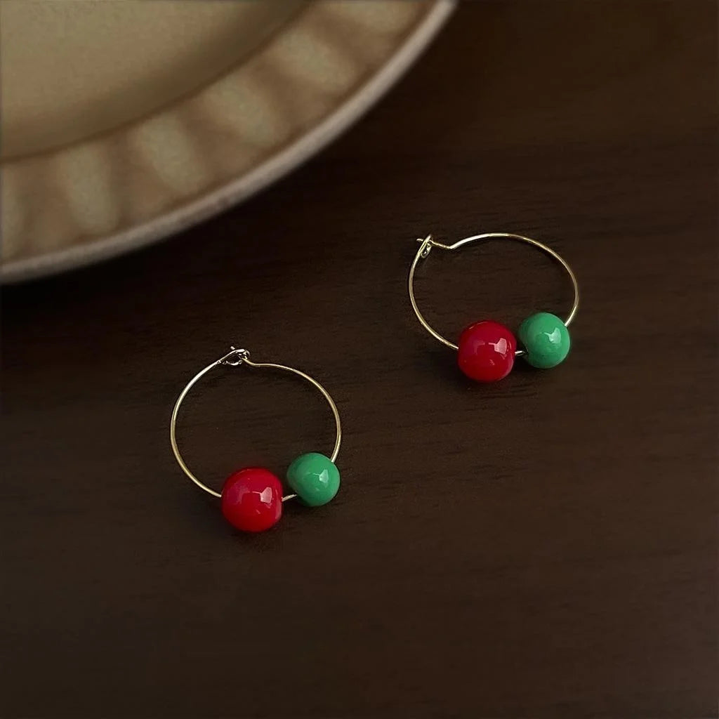 Ethnic Style Contrast Color Glass Round Geometric Hoop Drop Earrings for Women