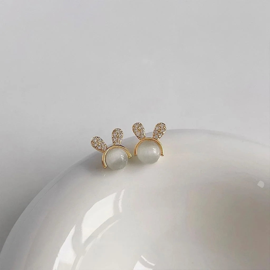 Sweet 14K Gold Plated Copper Rabbit Stud Earrings With Glass Cat Eye Stone And Micro Pave Zircon