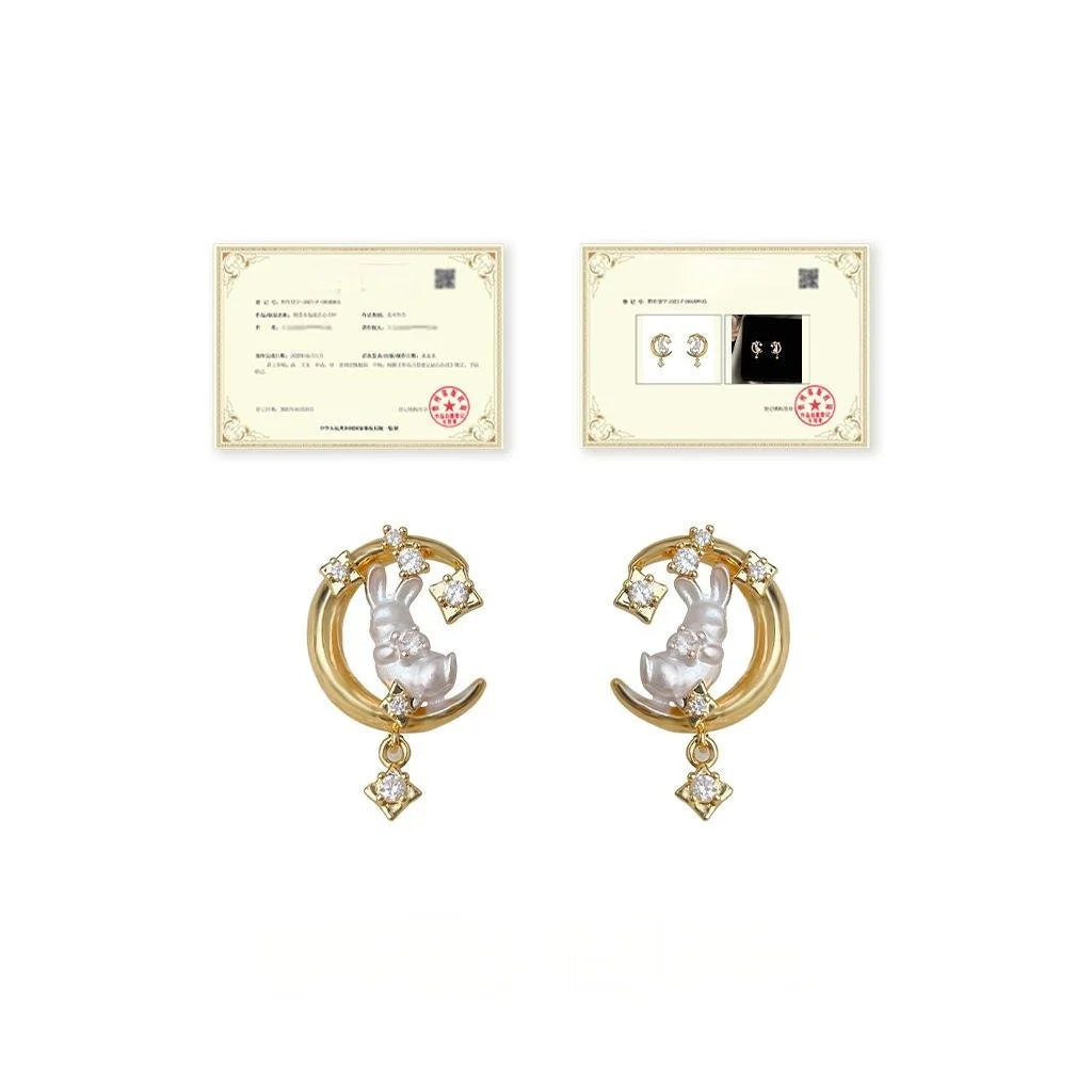 14K Plated Copper Moon Rabbit Micro Pave Zircon Stud Earrings Sweet Vacation Jewelry