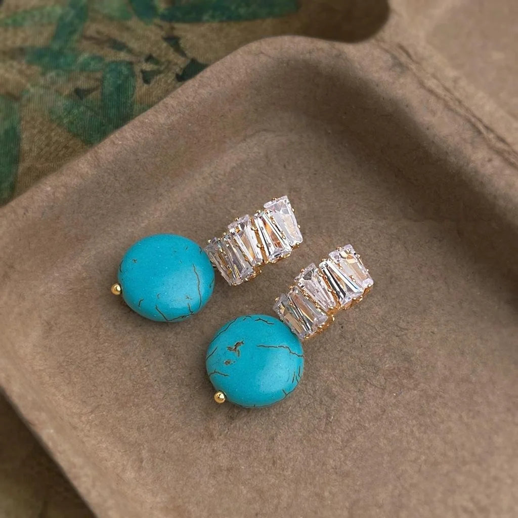 Bohemian Vintage Copper Zircon Synthetic Turquoise Round Geometric Drop Earrings