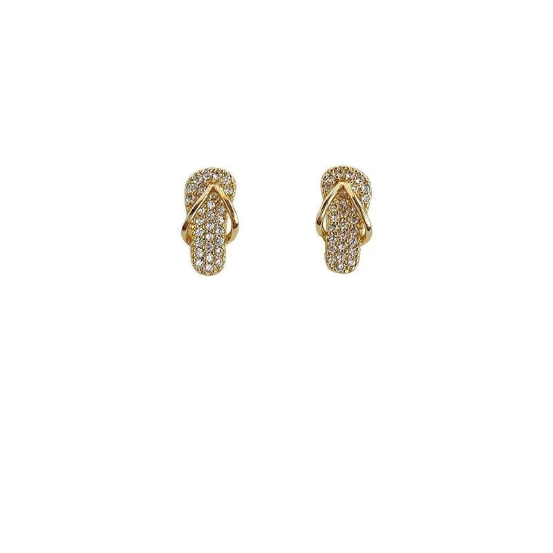 14K Plated Eco Copper Geometric Slipper Stud Earrings With Micro Pave Zircon For Women