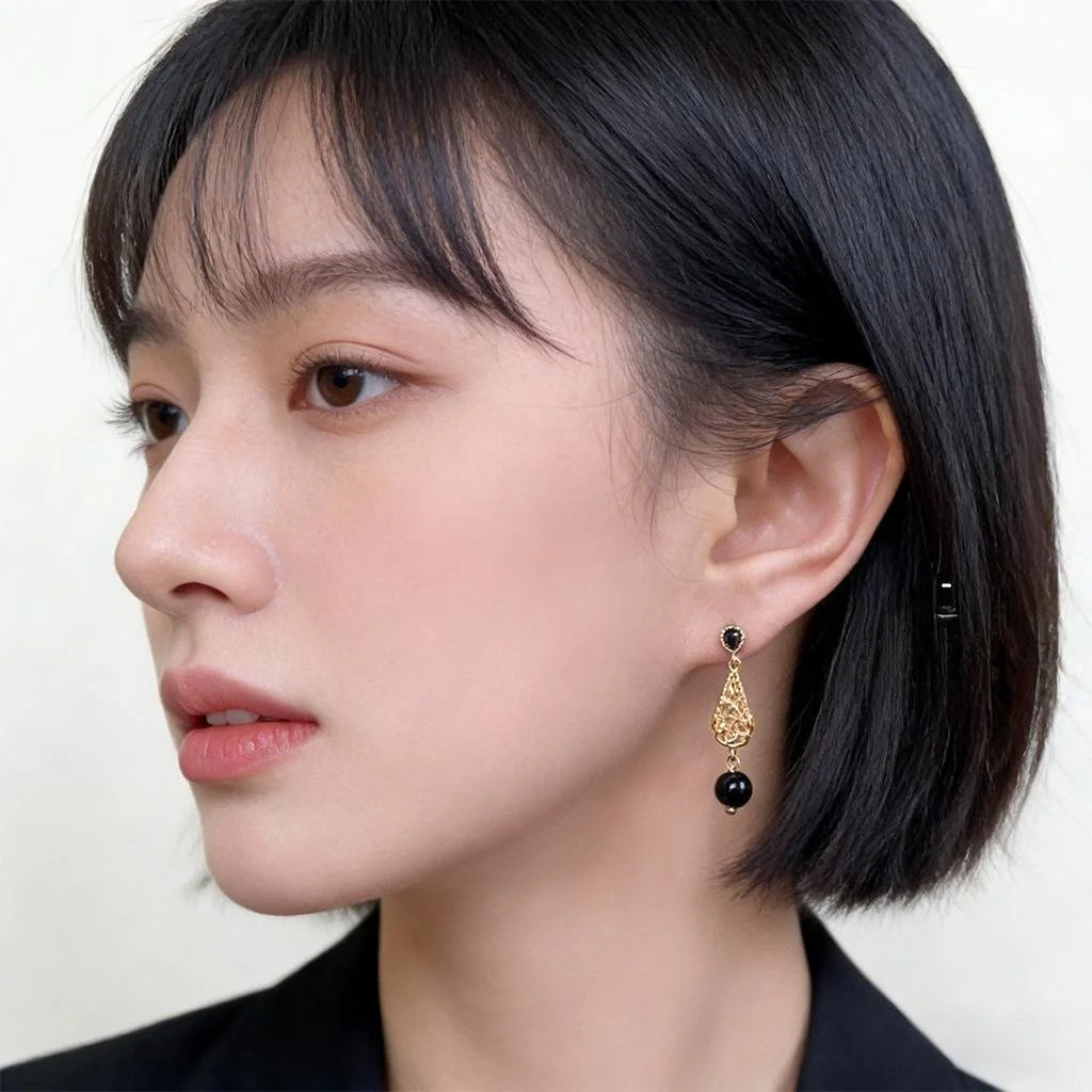 Vintage Floral Teardrop Tassel Drop Earrings With Copper, Black Agate, Zircon