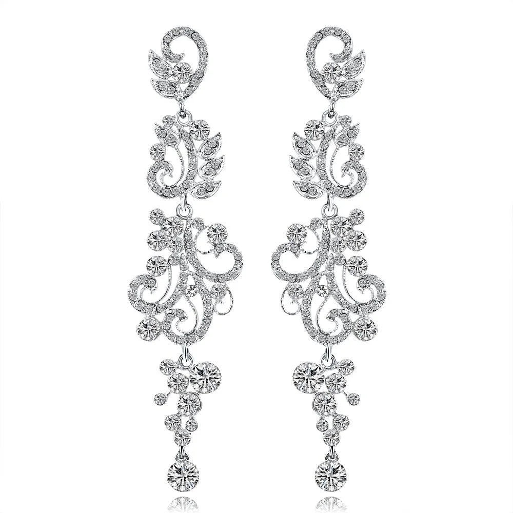 Luxury Rhinestone Crystal Long Chandelier Earrings, Elegant Silver Floral Scroll Dangle Jewelry For Wedding Party
