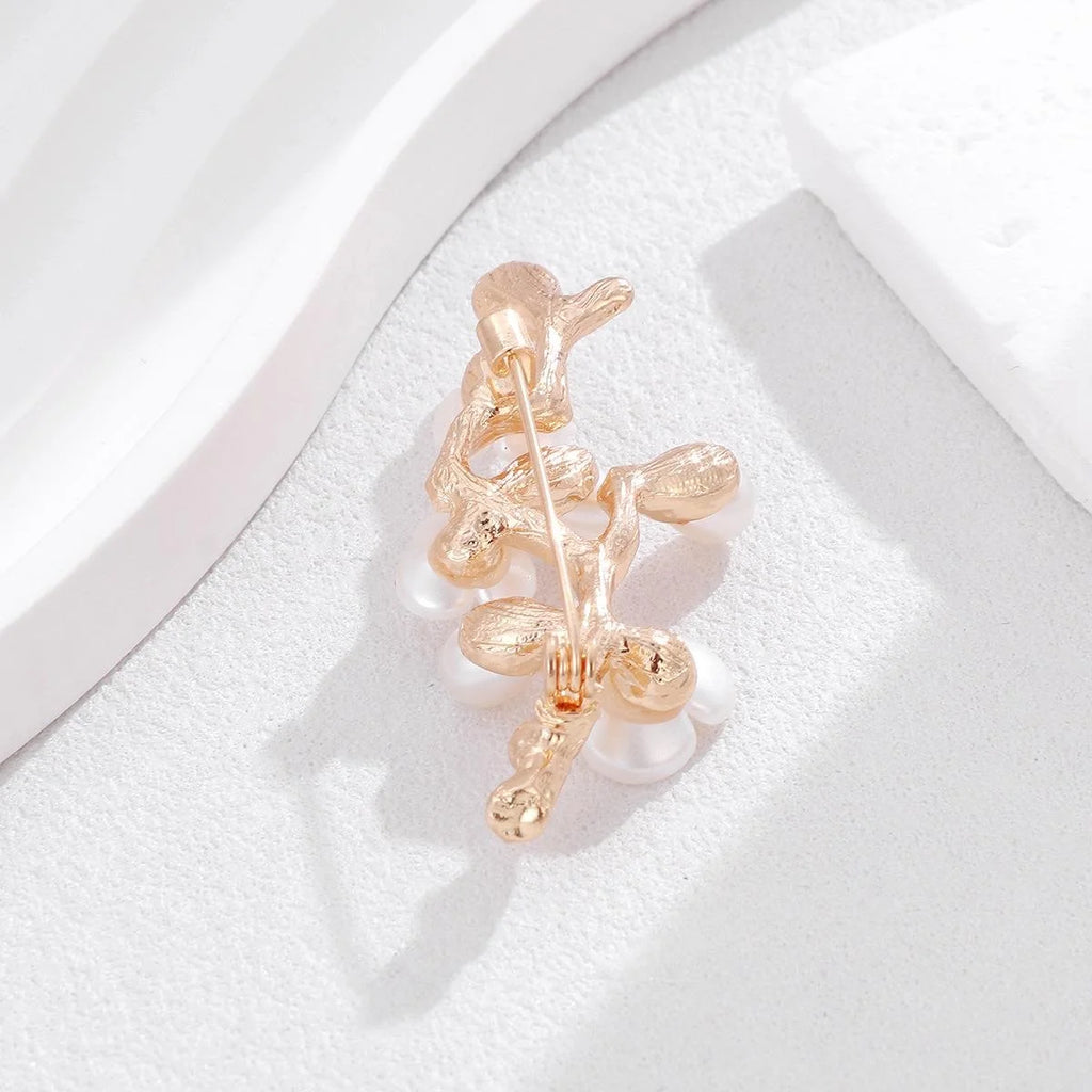 Elegant Mother Of Pearl Flower Branch Brooch With Faux Pearls, Gold Alloy Lapel Pin Suit Accessory Gift