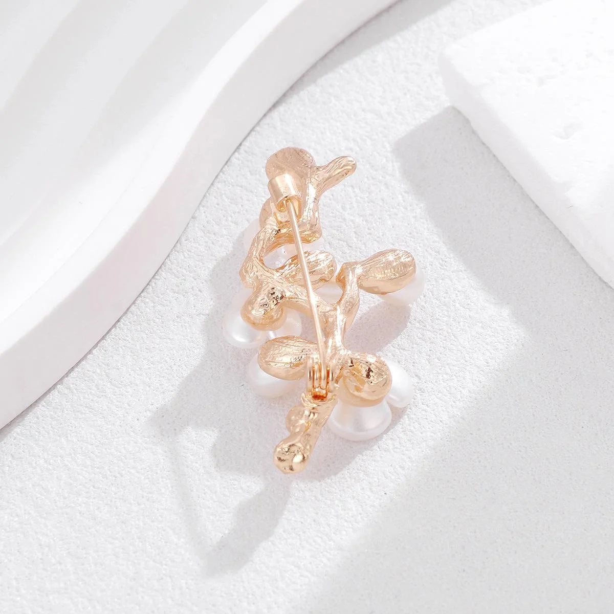 Elegant Mother Of Pearl Flower Branch Brooch With Faux Pearls, Gold Alloy Lapel Pin Suit Accessory Gift