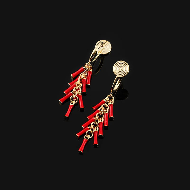 Vintage Red Firecracker Tassel Alloy Enamel Stud & Clip On No Piercing Chinese New Year Earrings