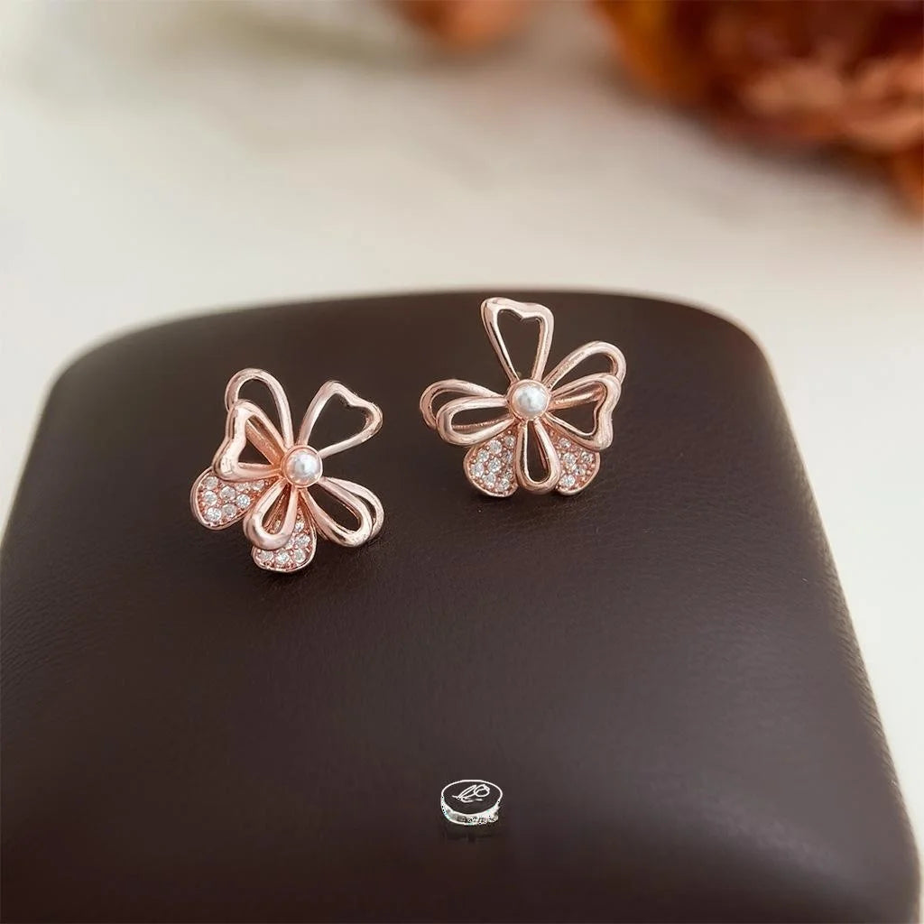 Light Luxury Micro Pave Zircon Rose Gold Hibiscus Flower Copper Stud Earrings for Women