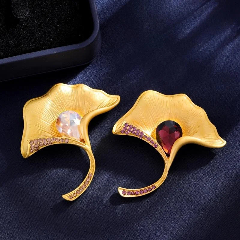 Elegant Ginkgo Leaf Alloy Brooch With Amber Glass And Rhinestones, Luxury Lapel Pin Corsage Gift