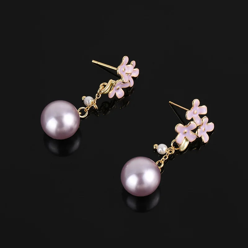 Elegant Purple Enamel Flower Spiral Pearl Drop Alloy Stud & Clip On No Piercing Fashion Earrings