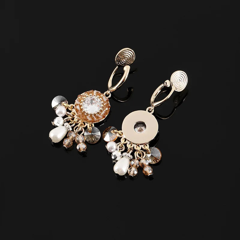 Vintage Spiral Disc Crystal Pearl Tassel Stud & Clip On No Piercing Luxury Alloy Drop Earrings