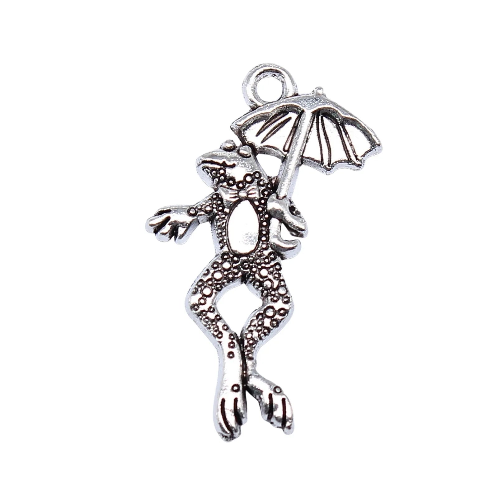 27x16mm 1.5g Antique Silver Zinc Alloy Frog with Umbrella Charm Pendant for DIY Jewelry Making