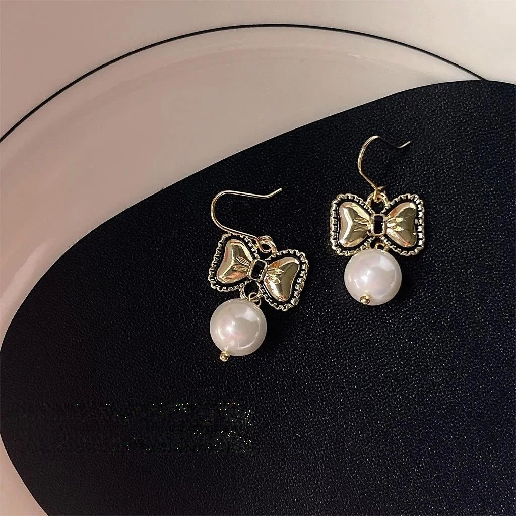 Handmade Antique Blackened Copper Bow Pearl Drop Earrings Elegant Commuter Jewelry