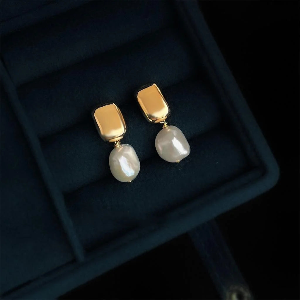 14K Gold Plated Copper Baroque Freshwater Pearl Irregular Geometric French Vintage Drop Earrings