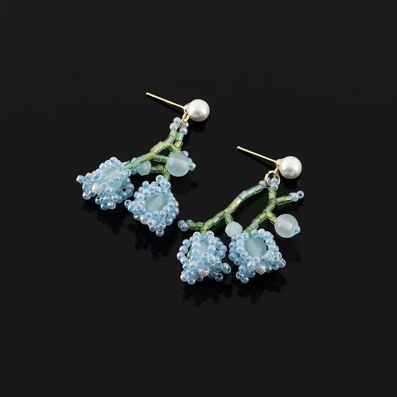 Elegant Blue Lily Of The Valley Beaded Pearl Stud & Clip On No Piercing Handmade Flower Drop Earrings